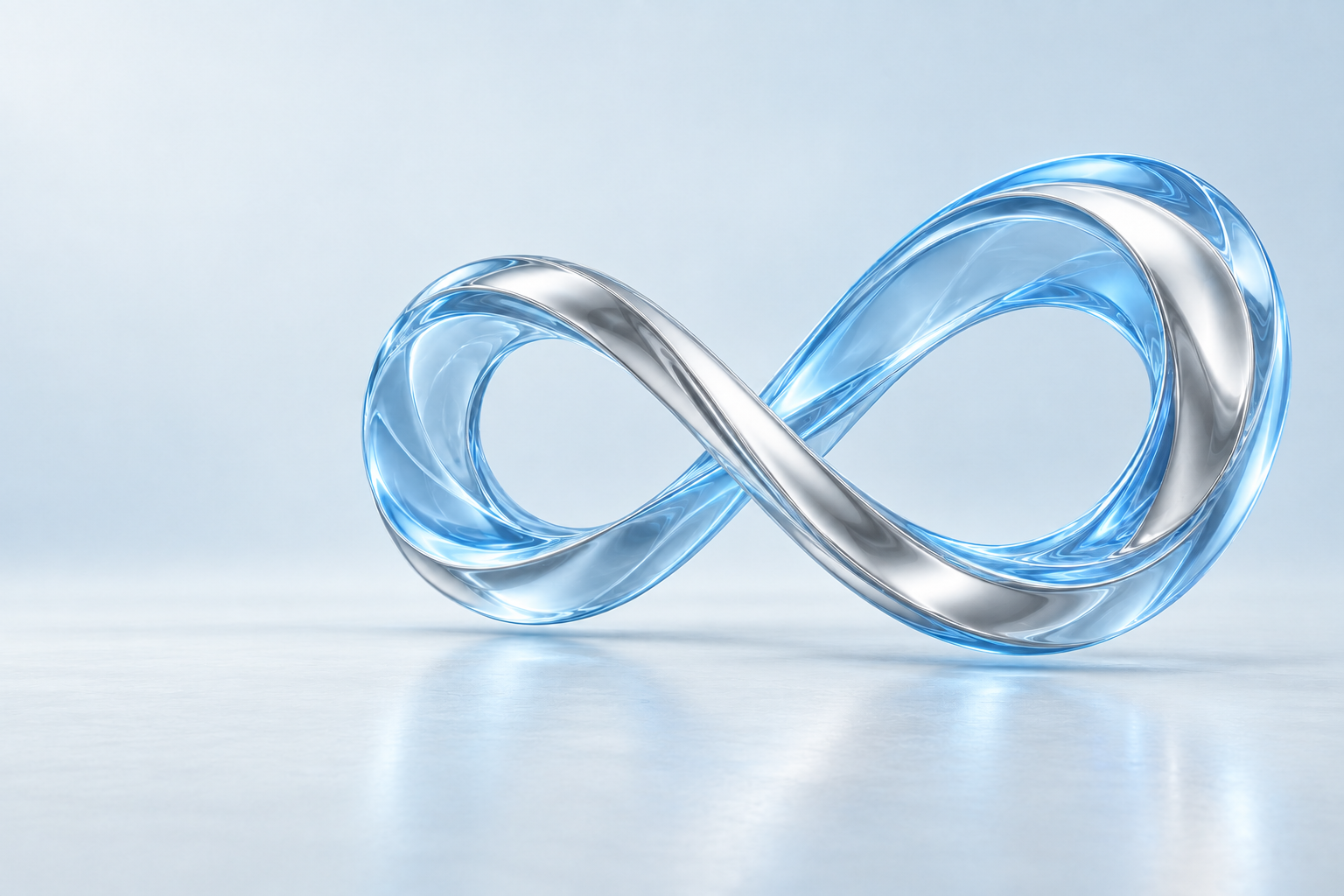 A sculptural cyan and silver infinity loop